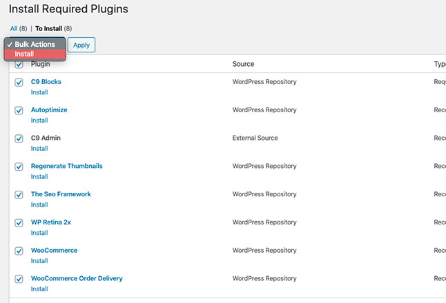 Select the top checkbox to bulk install your plugins