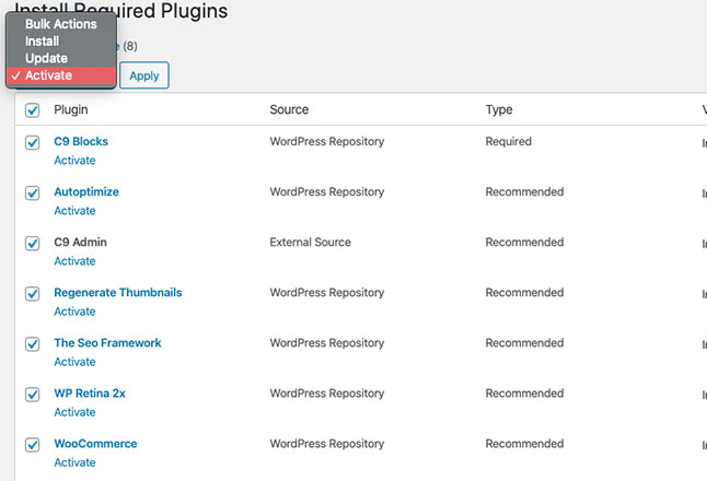 Select the top checkbox to bulk activate your plugins