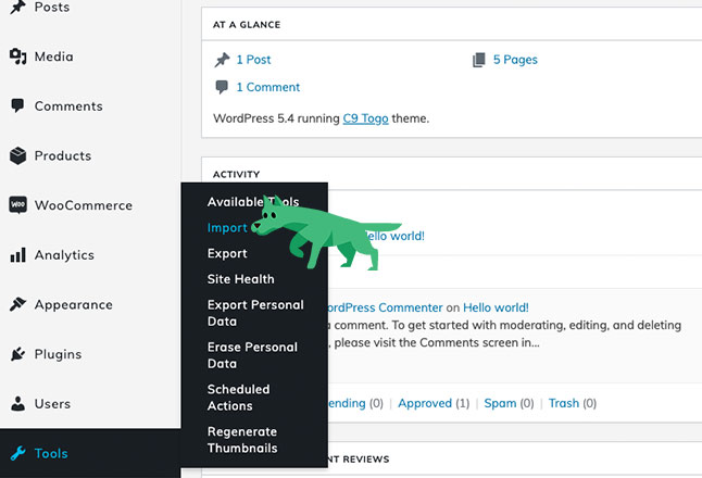 After WooCommerce finishes, Click Tools > Import & import XML sample content (came with the c9-togo.zip file included in a folder called sample content)