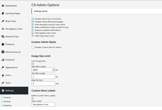 Set admin settings for visibility, labels, max image upload size and admin bar