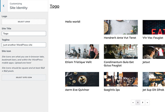 Add a logo (We recommend an SVG file or 24bit PNG) a tagline, home title, and site icon.