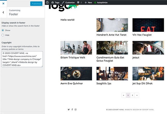 Hide or show the site search in footer and edit copyright message