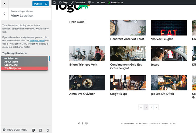 Assign top navigation to header for menu and order links