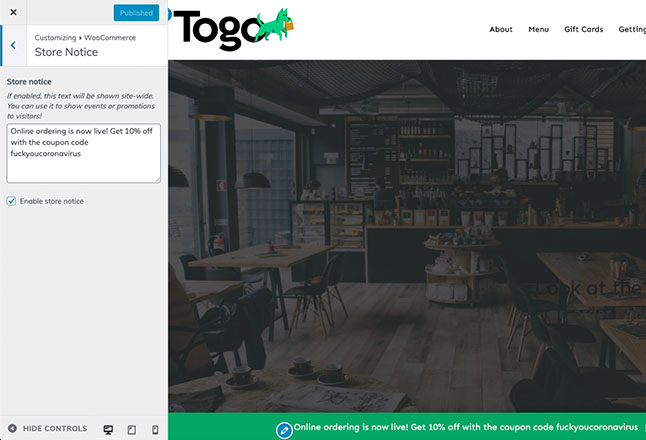 Set the fixed site footer notice message or hide it completely