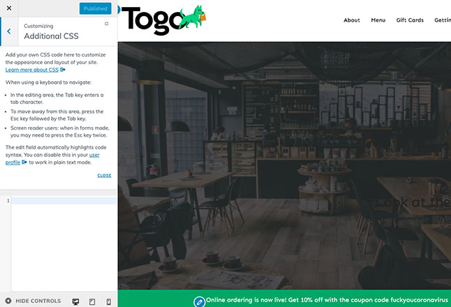 Add custom CSS to change site design styles